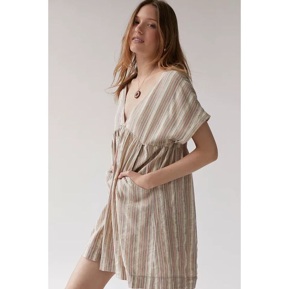 Urban Outfitters Neutral Linen Babydoll Dress Striped Earth Toned Boho Cottage